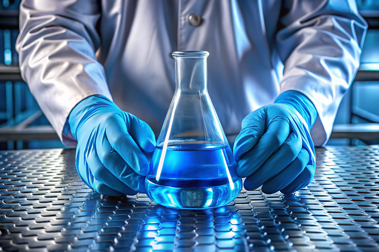 Des mains portant des gants de protection bleus tenant un flacon en verre avec un liquide incolore, placé sur une surface de travail en acier inoxydable, éclairée par une lumière douce, sans aucun texte ou marque visible