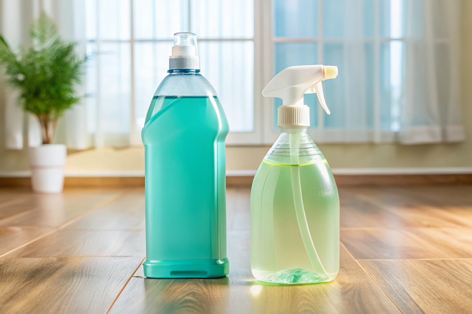 Deux flacons de nettoyant posés sur un sol propre, l un avec un liquide bleu clair pour représenter un produit chimique, l autre avec un liquide vert pâle pour un produit naturel, dans un cadre domestique neutre sans éléments de marque