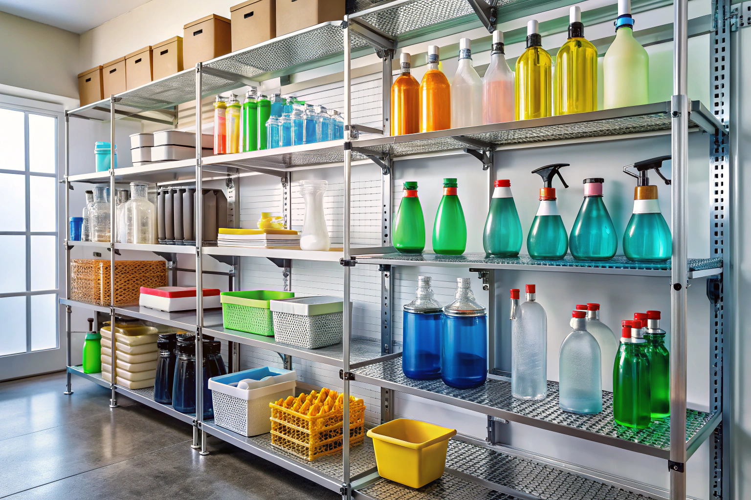 Étagère métallique dans un garage avec plusieurs bouteilles de produits de nettoyage transparentes, rangées côte à côte, dans un environnement propre et ordonné, sans étiquettes visibles