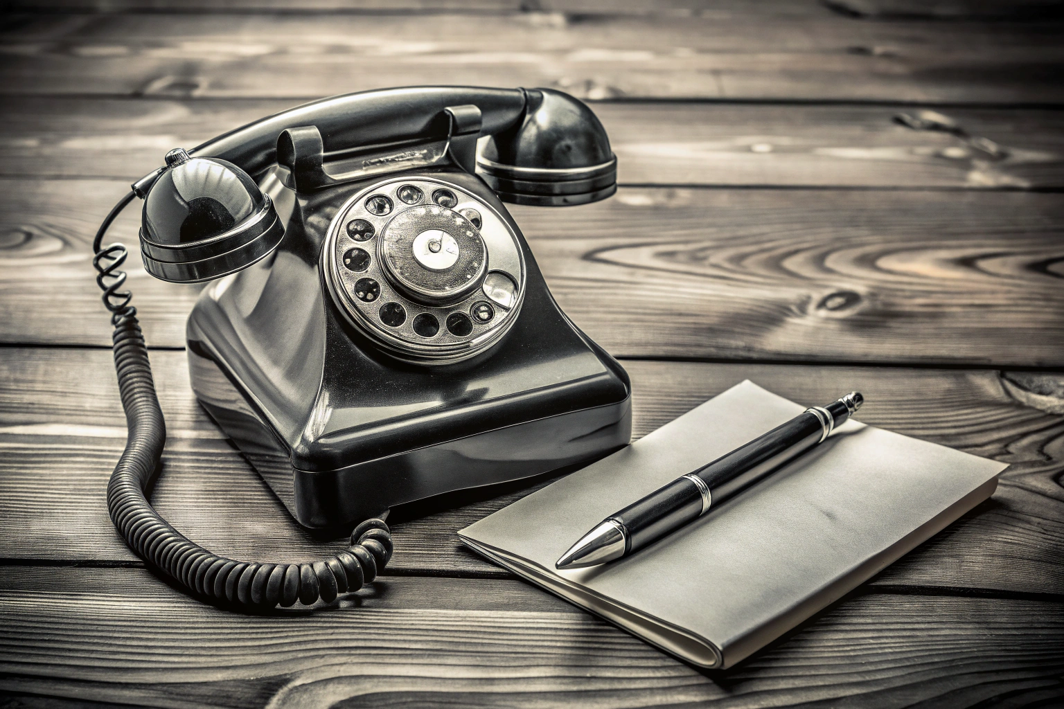 Un téléphone vintage en noir et blanc posé sur une table en bois, entouré de papiers épars et d un stylo, évoquant une ambiance chaleureuse de communication