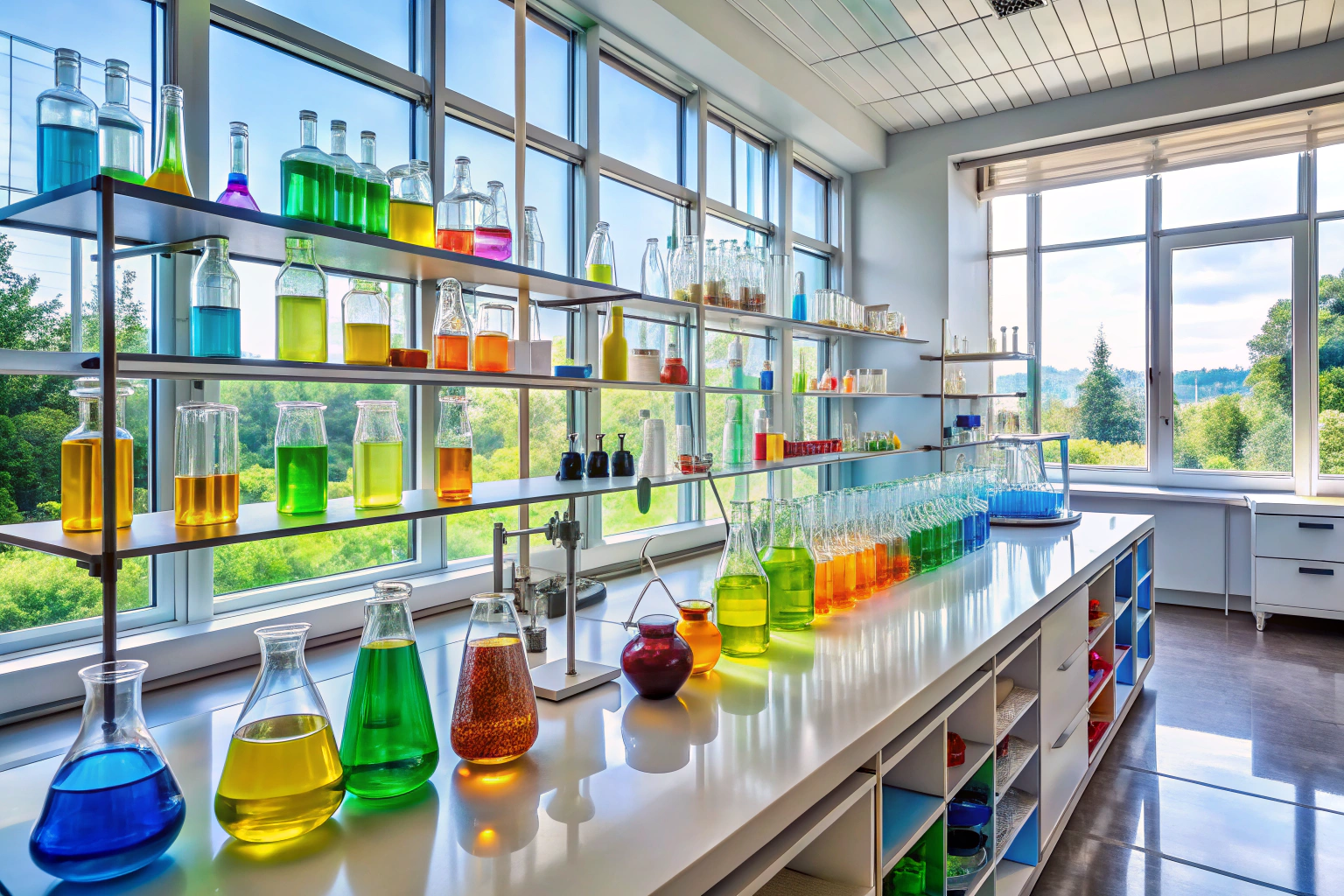 Un laboratoire moderne avec des étagères remplies de flacons en verre contenant des liquides aux couleurs vives, éclairé par une lumière naturelle provenant de grandes fenêtres, sans aucun texte ou marque visible