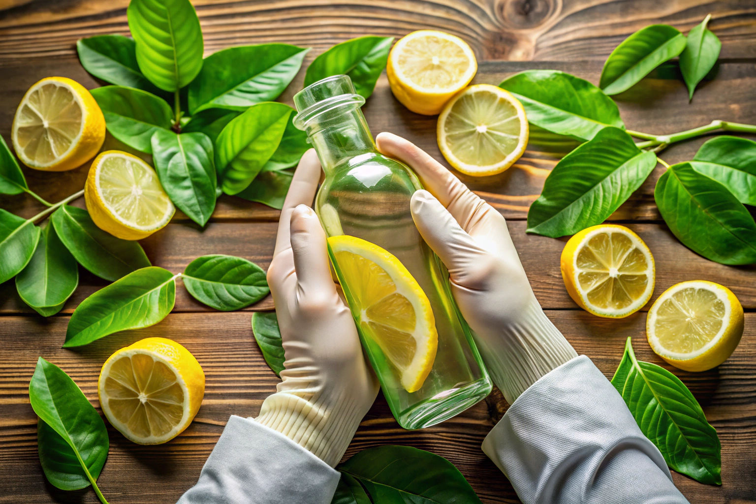 Des mains portant des gants de protection tenant un flacon en verre rempli d un liquide clair, entouré de feuilles vertes et de tranches de citron sur une surface en bois naturel, évoquant la naturalité et la propreté écologique