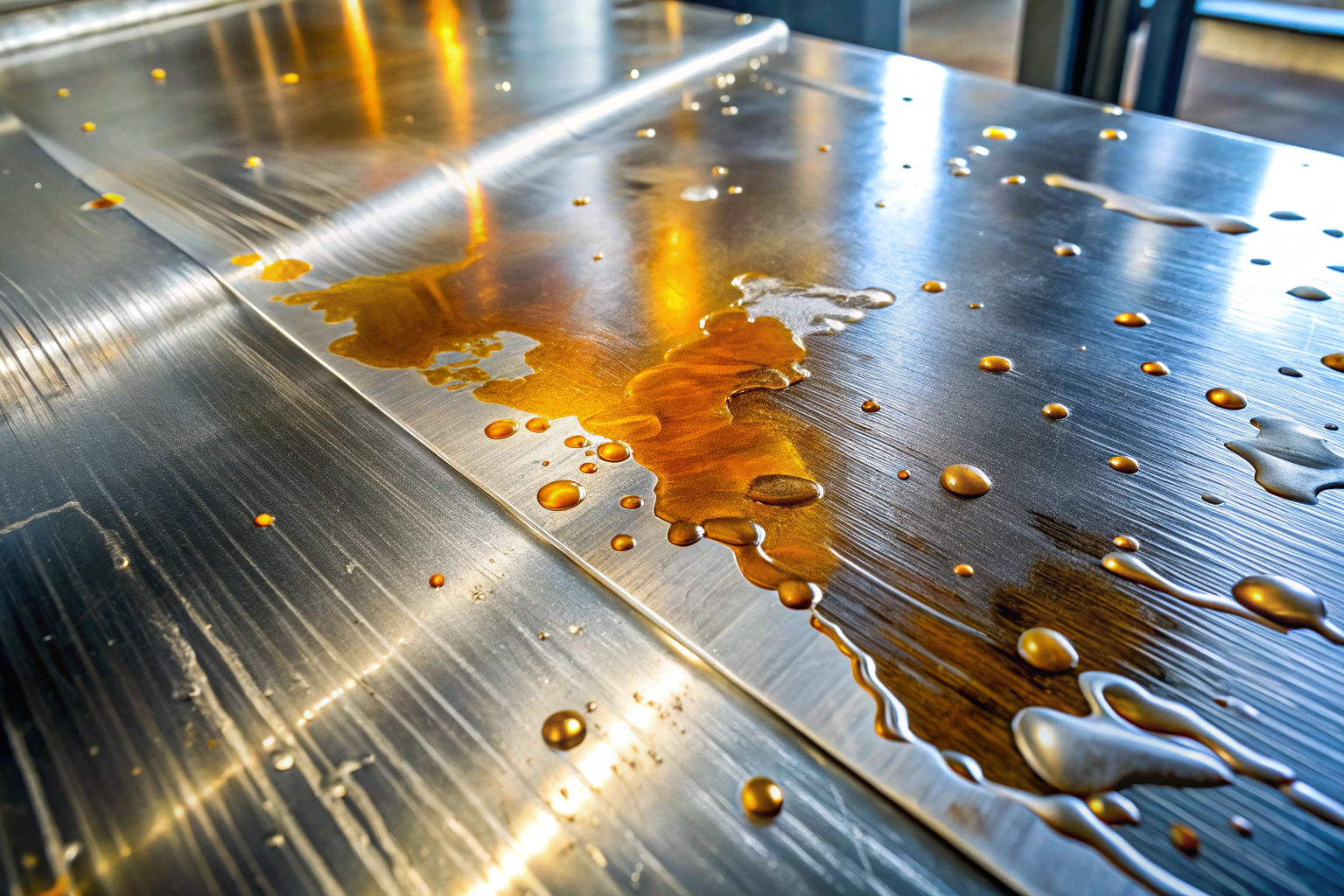 Surface industrielle en métal avec des traces de graisse et des éclaboussures de liquide dégraissant clair, illustrant le processus de nettoyage
